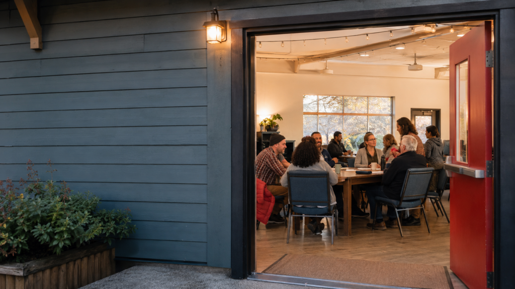 A door open with people sitting around a table- talking