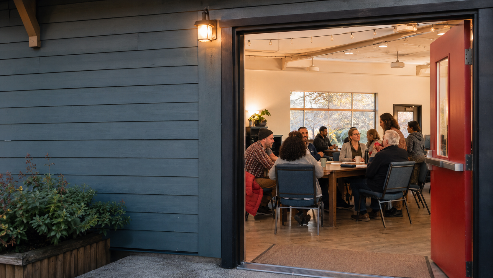 A door open with people sitting around a table- talking